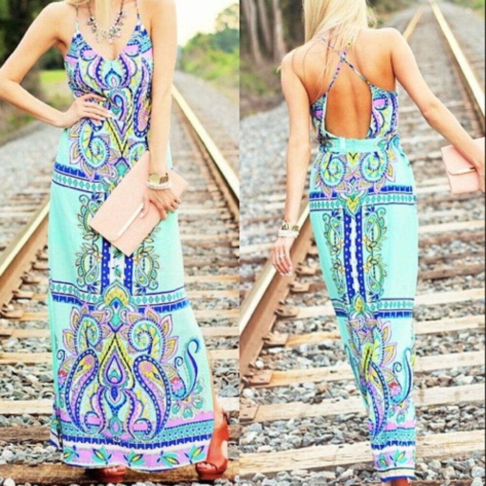 Aina Be Green Purple Bohemian Gypsy Open Back Side Slit V-Neck Maxi Dress Size M